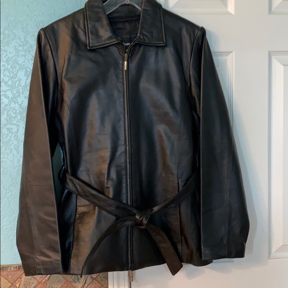 Black leather tie at the waist jacket